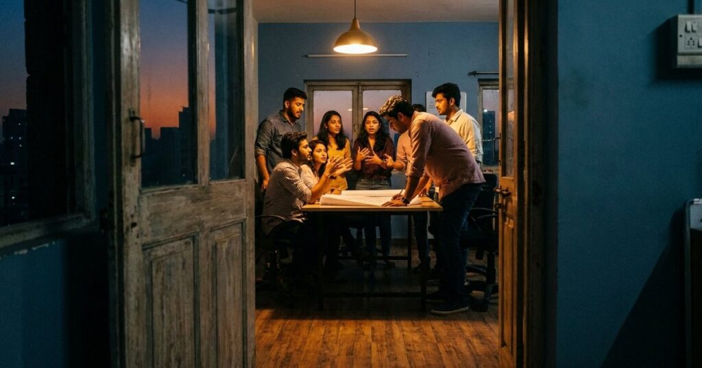 Startup founders in a Mumbai office discuss sales strategies, illustrating the theme of mastering sales success.