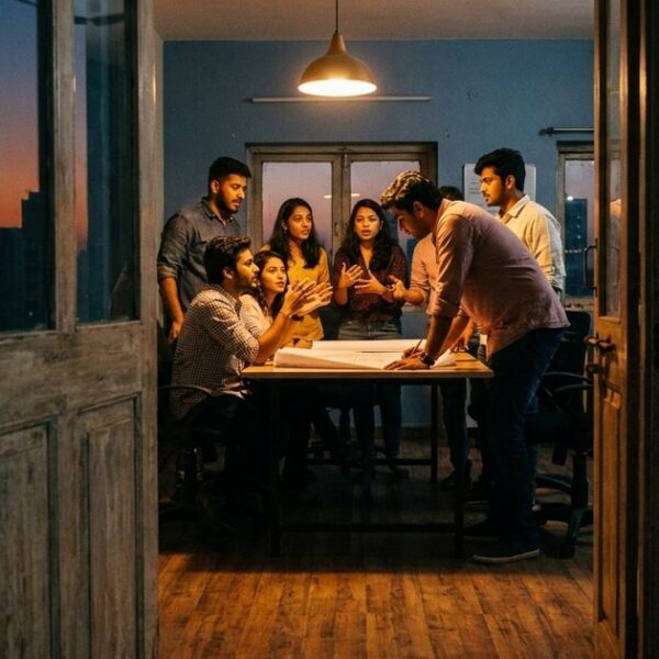 Startup founders in a Mumbai office discuss sales strategies, illustrating the theme of mastering sales success.
