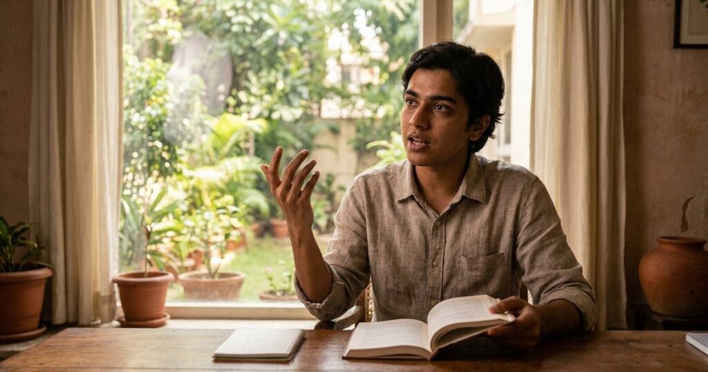 Young Indian professional contemplating at a desk, representing thriving by hustling in the AI age.