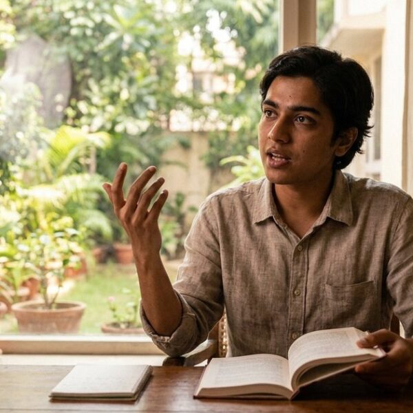 Young Indian professional contemplating at a desk, representing thriving by hustling in the AI age.