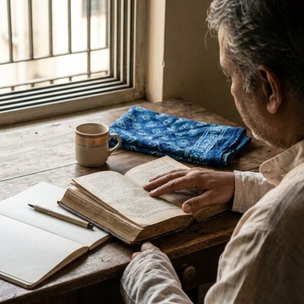 Person reading 'How to Sell' book with a blank notebook nearby, illustrating the book's practical approach to learning sales.