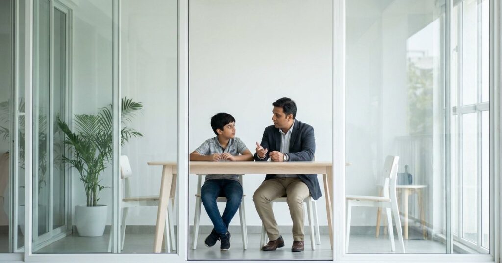Parent and child discussing IB school admissions in India through a glass window, in a bright, airy room.