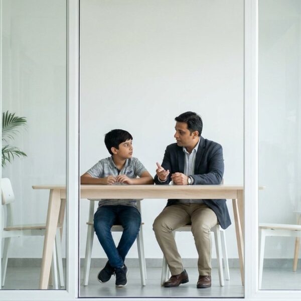 Parent and child discussing IB school admissions in India through a glass window, in a bright, airy room.