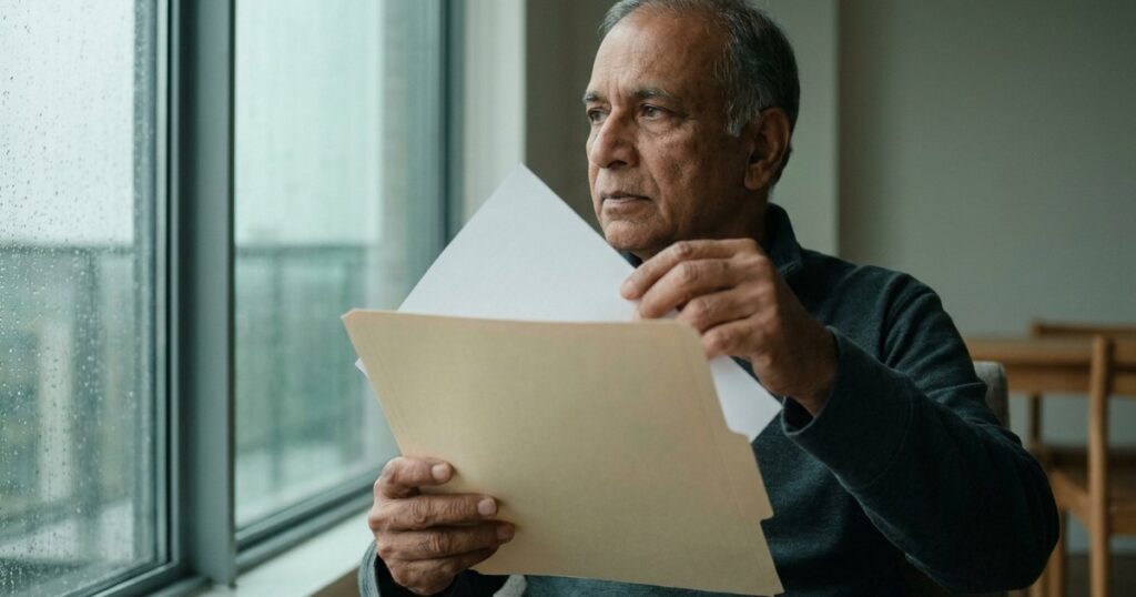 Indian investor thoughtfully reviews AI-assisted investment research while keeping final judgment for themselves.