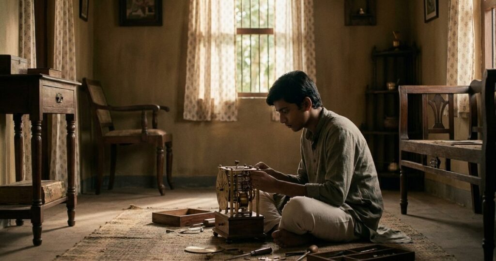 A student absorbed in learning with a mechanical model, reflecting on personalized education beyond traditional schooling.