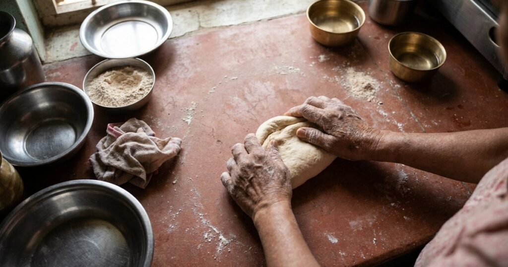 Hands kneading dough in a small Indian kitchen, reflecting family-run entrepreneurship in India.