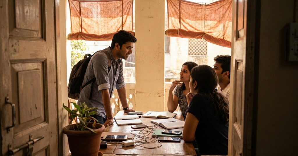 Young Indian entrepreneur in a co-working space discussing intelligent hustling amidst smartphones and notepads.