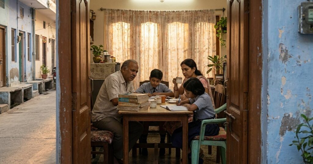 An Indian family in a warm-lit room, focusing on the challenges of Byju's courses and subscriptions.