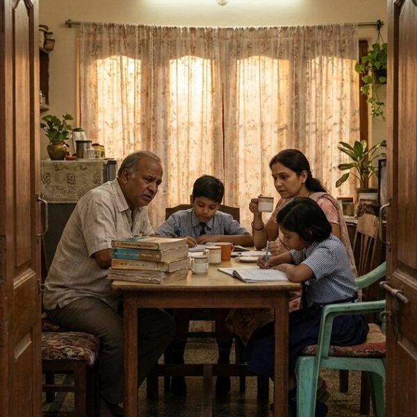 An Indian family in a warm-lit room, focusing on the challenges of Byju's courses and subscriptions.