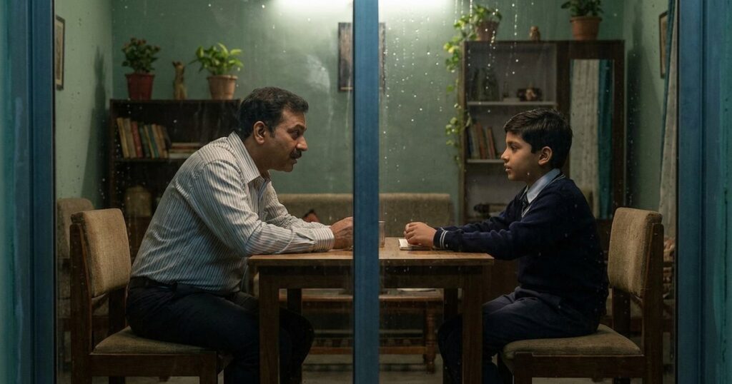 A father and son discuss the worth of Class 6 foundation coaching, seen through a window in an Indian home.