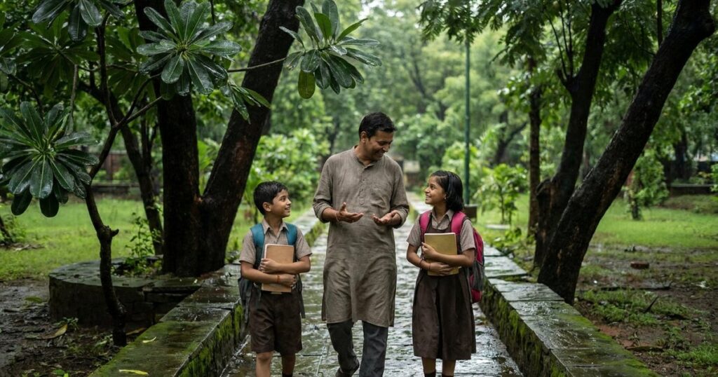 Parent and children in a park discussing homeschooling in India, with monsoon greenery creating a vibrant backdrop.