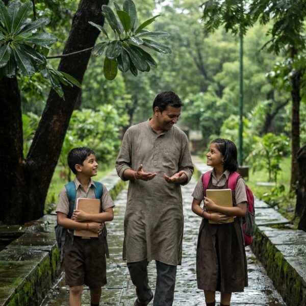 Parent and children in a park discussing homeschooling in India, with monsoon greenery creating a vibrant backdrop.