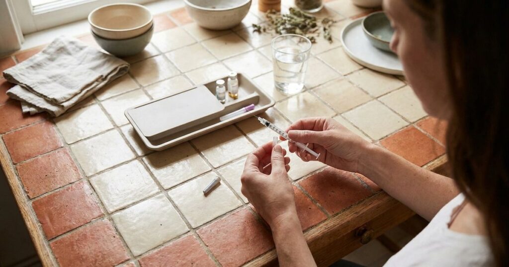 Hands preparing an IVF injection on a warm kitchen table, showing the practical side of fertility treatment