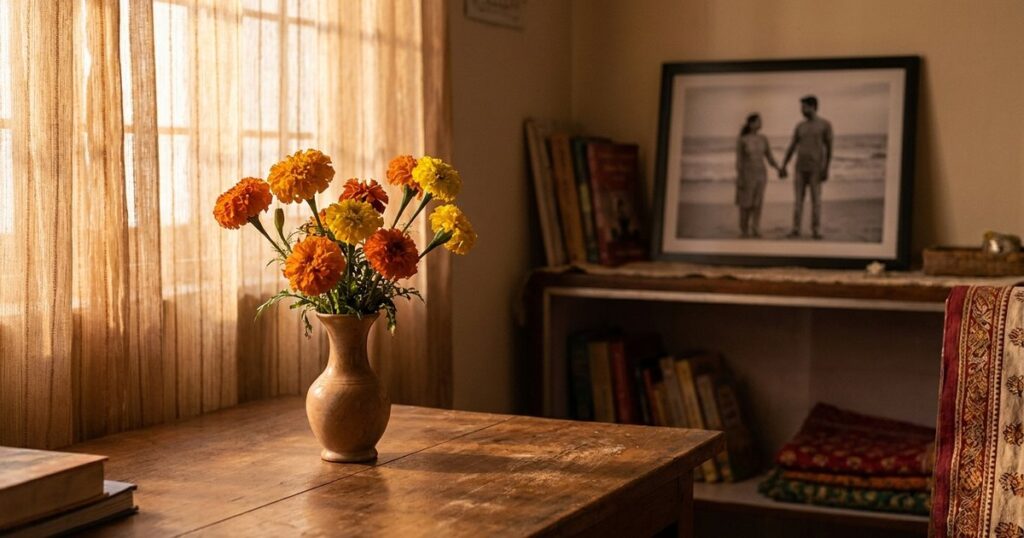 Warm-toned room with marigolds, symbolizing the emotional journey of IVF failure symptoms in an Indian setting.