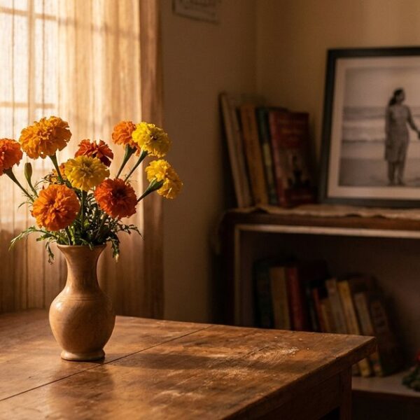 Warm-toned room with marigolds, symbolizing the emotional journey of IVF failure symptoms in an Indian setting.