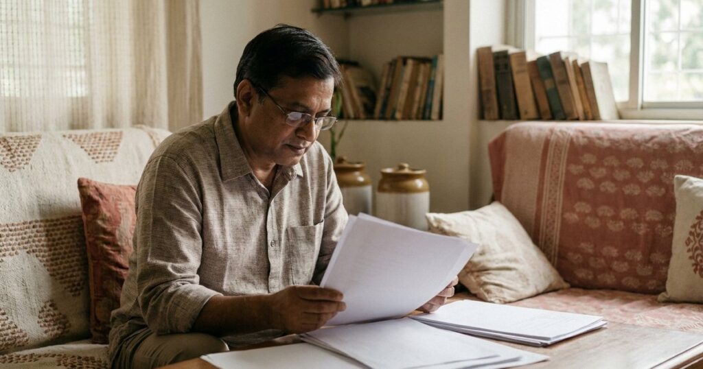 Person reviewing medical papers about IVF multi-cycle packages and refund programs in an Indian setting.