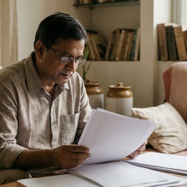 Person reviewing medical papers about IVF multi-cycle packages and refund programs in an Indian setting.