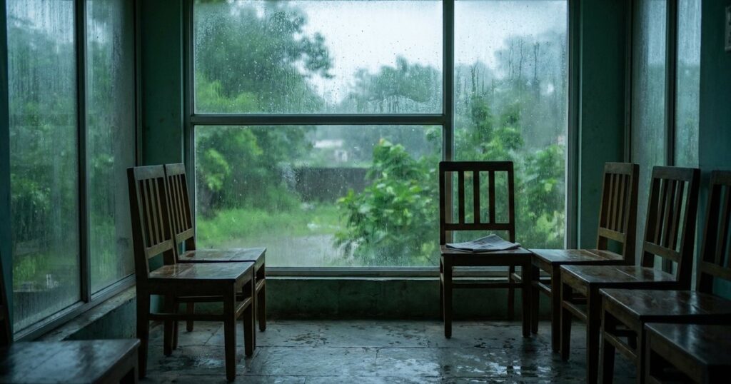 Empty clinic waiting area during monsoon, reflecting IVF patients' resilience like startup founders' journey.