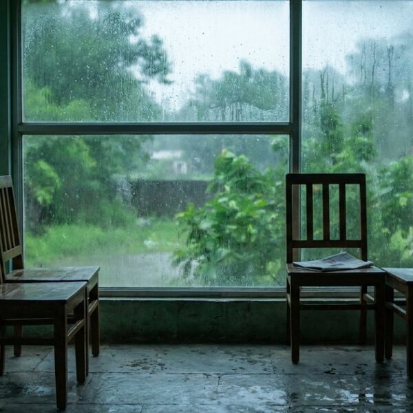 Empty clinic waiting area during monsoon, reflecting IVF patients' resilience like startup founders' journey.