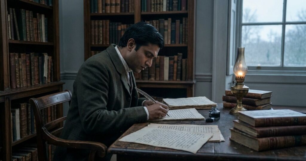 An Indian scholar from colonial times studies manuscripts, reflecting on education's historical roots in India.