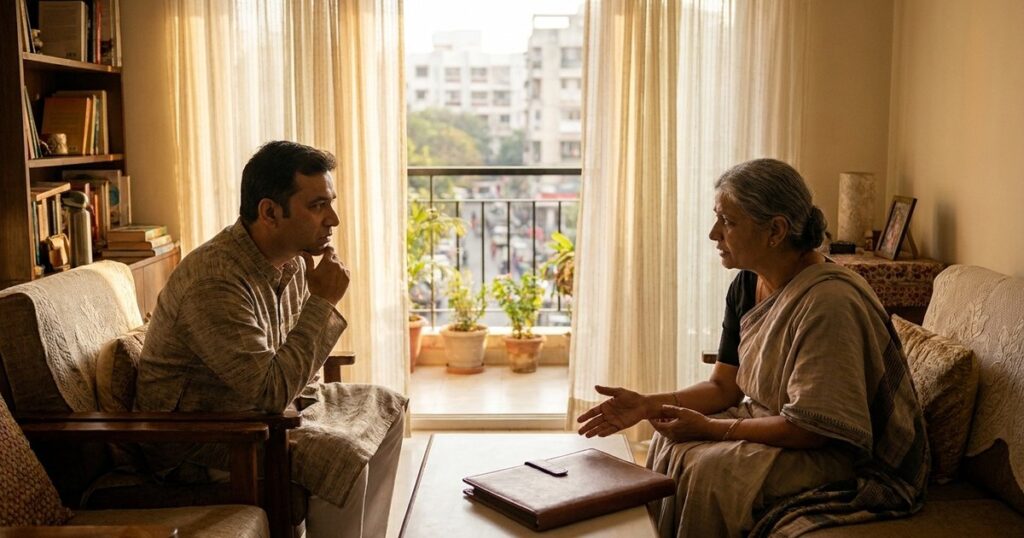 Indian family members calmly discuss long-term investing during market volatility in a sunlit home.