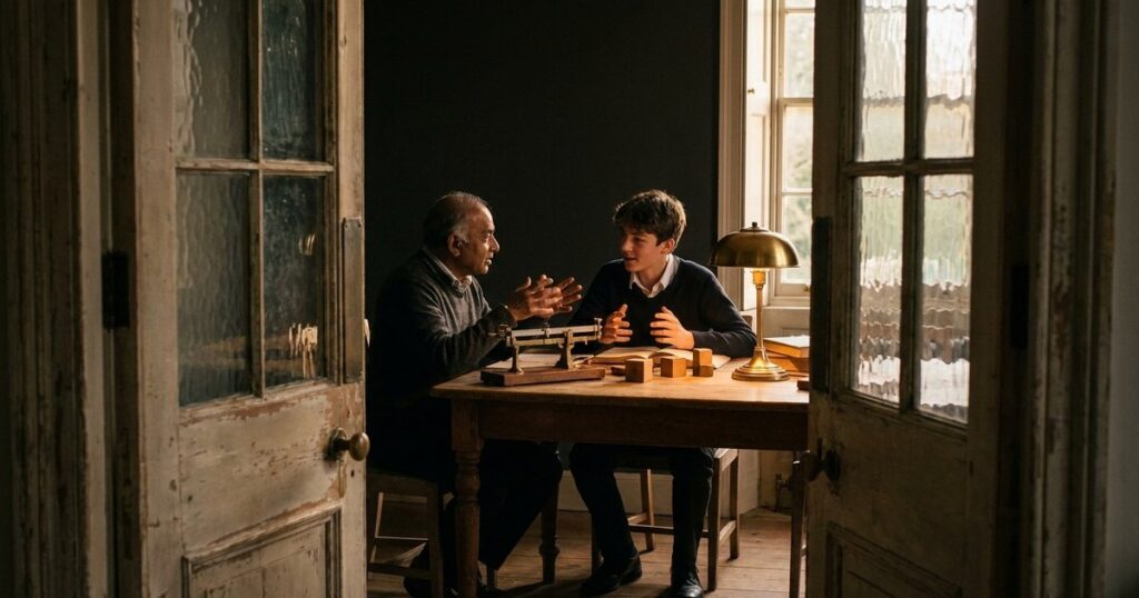 A teacher and student discuss a new learning measurement system, seen through a doorway in warm evening light.