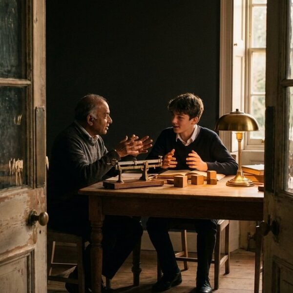 A teacher and student discuss a new learning measurement system, seen through a doorway in warm evening light.