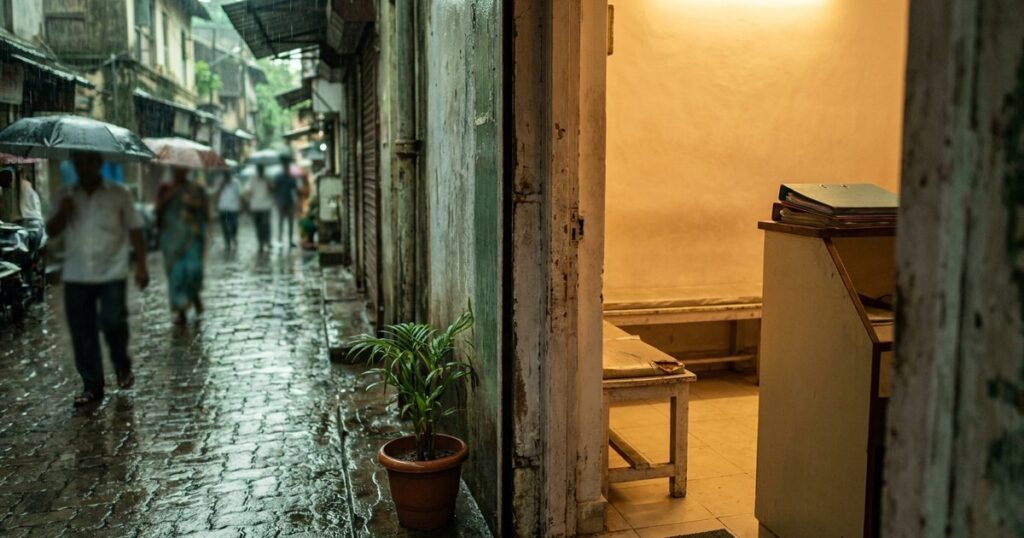 A doorway view into an Indian clinic symbolizes the emotional resilience in IVF and startup journeys.