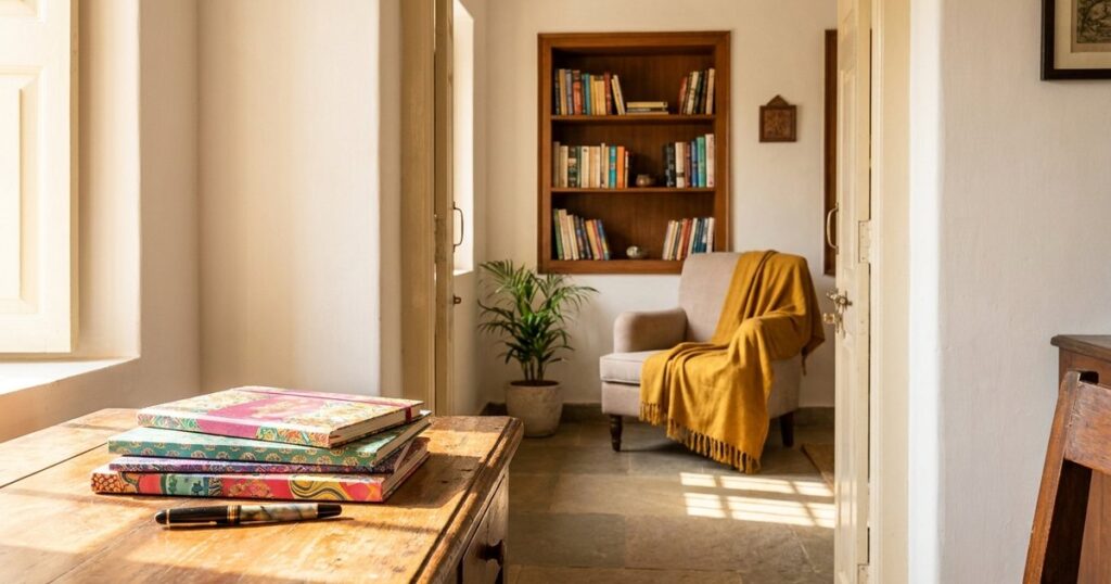 A study space with Indian setting featuring CBSE and NIOS textbooks, reflecting educational choices for Class 10 in India.