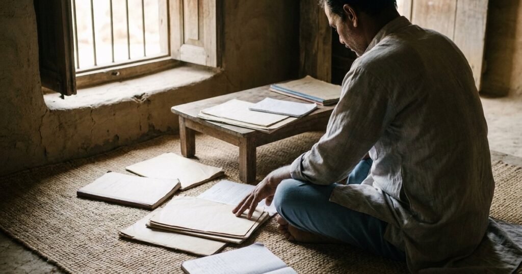 A parent in an Indian home reviews educational sources on rural children's learning outcomes in a serene setting.