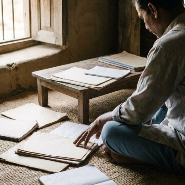 A parent in an Indian home reviews educational sources on rural children's learning outcomes in a serene setting.