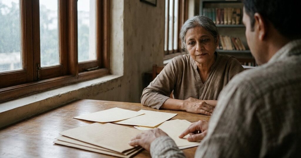 Indian investor reviewing blank worksheets and folders with a family member for an investment plan