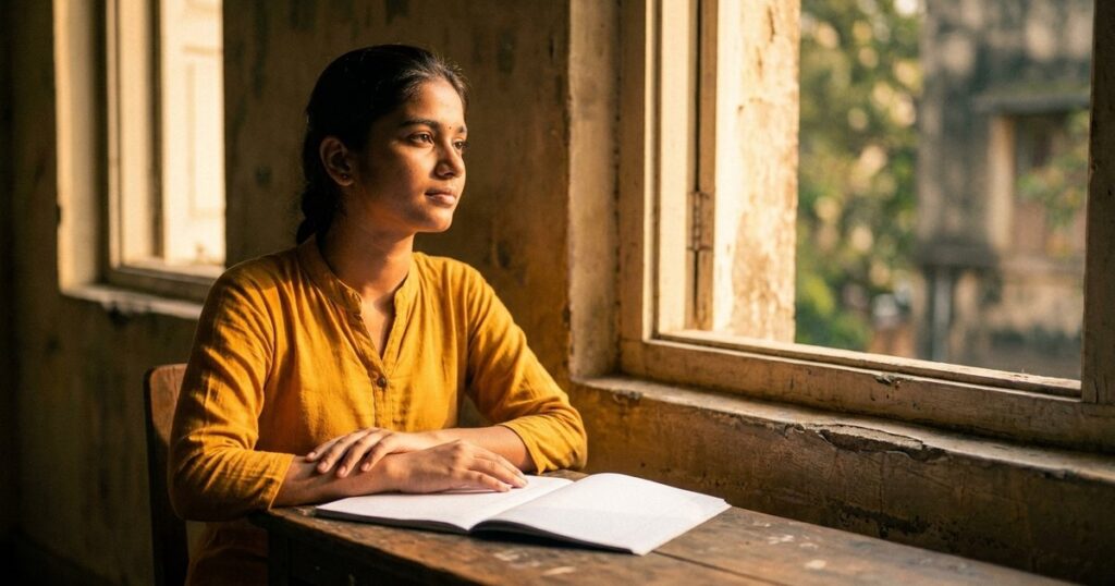 A young Indian student ponders over an open notebook by a sunlit window, reflecting on reframing mental habits.