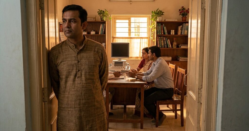 An Indian doctor watches a couple discussing a Pregnancy of Unknown Location (PUL) after IVF in a clinic.
