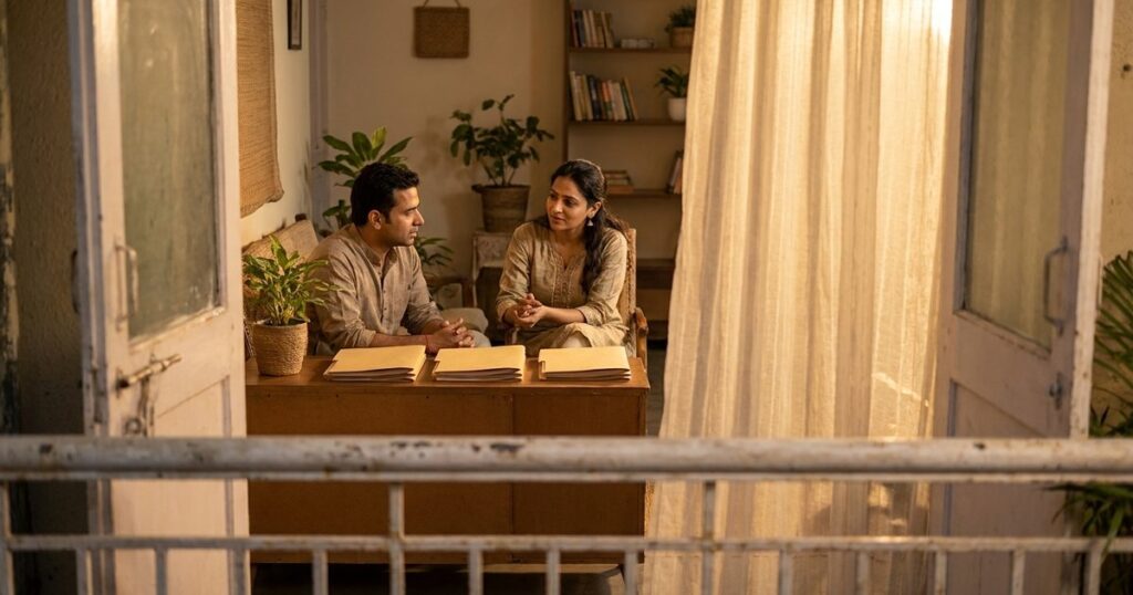 Indian couple reviewing a long-term investment allocation across equities, debt and gold at home