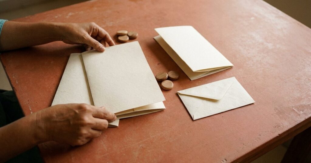 Indian angel investor’s hands organize startup investment materials and separate savings on a table.