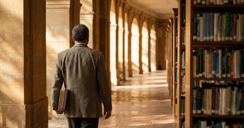 Indian investor walking through a library with research folders, representing resources for learning about investing