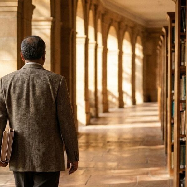 Indian investor walking through a library with research folders, representing resources for learning about investing