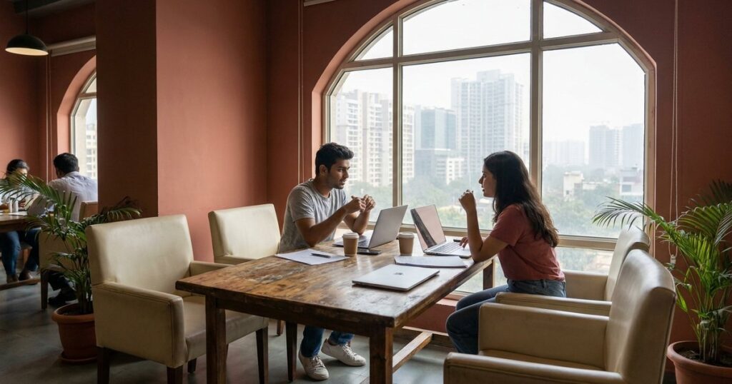Indian startup founders discussing financing options in a co-working space against an urban skyline.