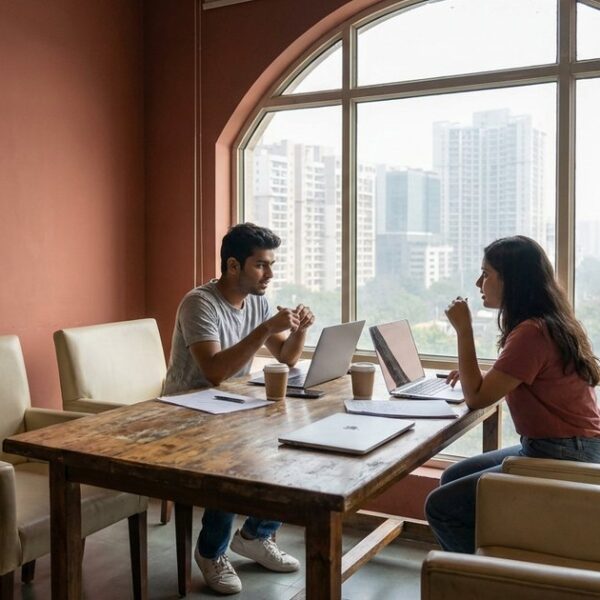 Indian startup founders discussing financing options in a co-working space against an urban skyline.