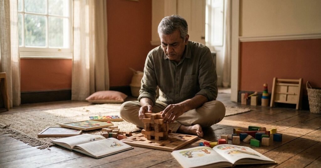 Indian parent focused on a puzzle in a room, conveying rethinking education beyond traditional schooling.