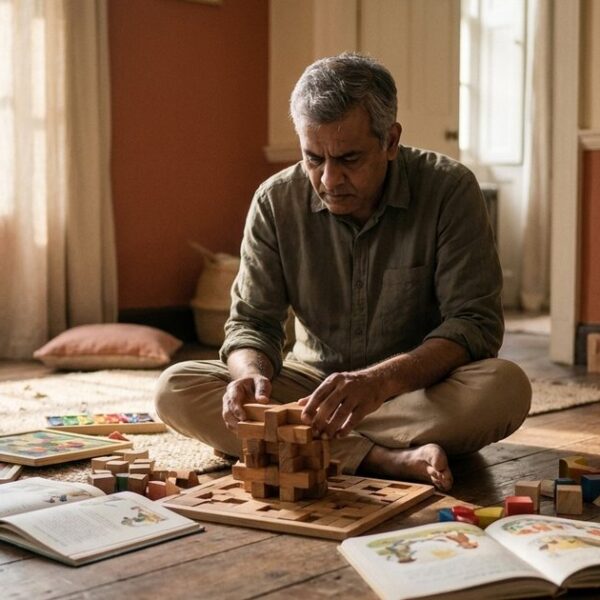 Indian parent focused on a puzzle in a room, conveying rethinking education beyond traditional schooling.
