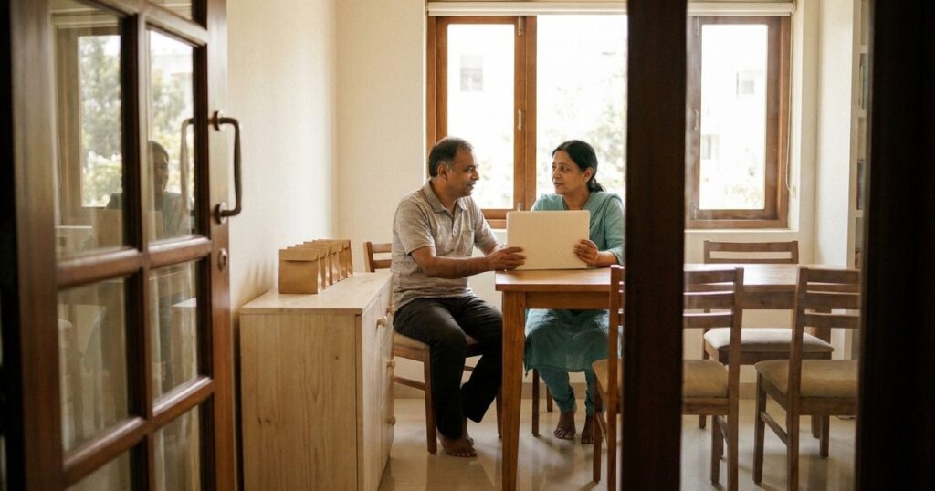 A Bengaluru couple discuss long-term SIP investing beside a sunlit window.
