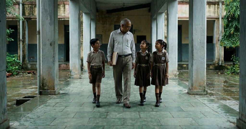 An older family member walks with two children while teaching them about saving and patient investing.
