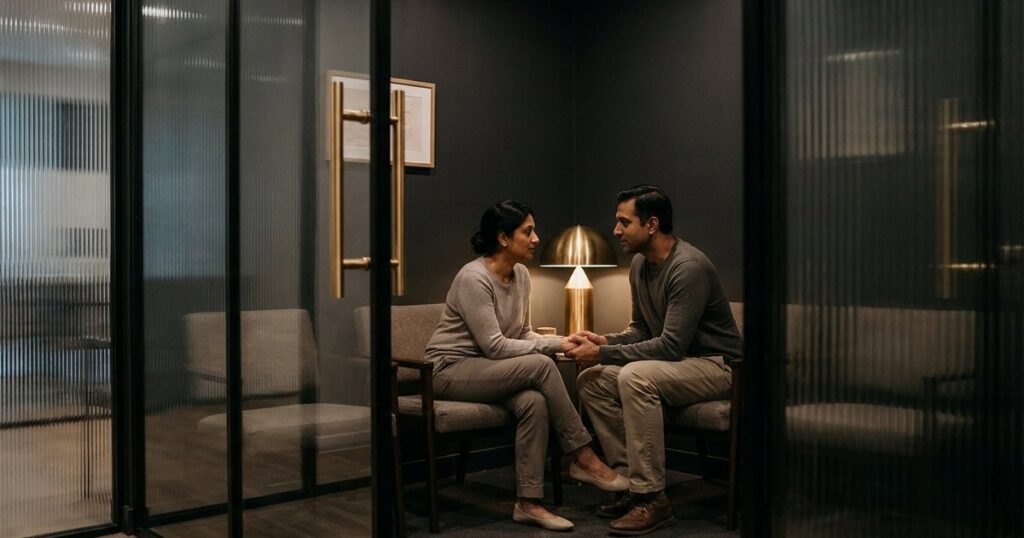 A couple in a clinic discussing their IVF journey, seen through glass, in a setting with charcoal and brass tones.