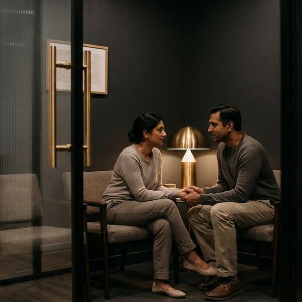 A couple in a clinic discussing their IVF journey, seen through glass, in a setting with charcoal and brass tones.
