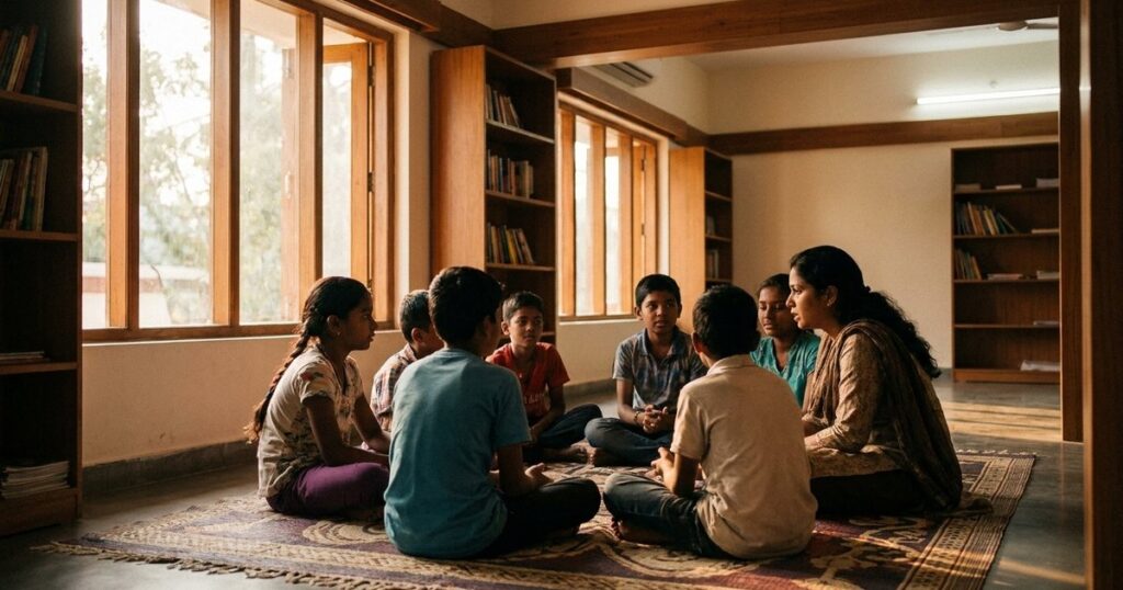 Children and an educator sit in a circle in a community microschool setting, reflecting personalized learning and engagement.