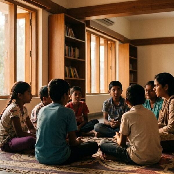 Children and an educator sit in a circle in a community microschool setting, reflecting personalized learning and engagement.