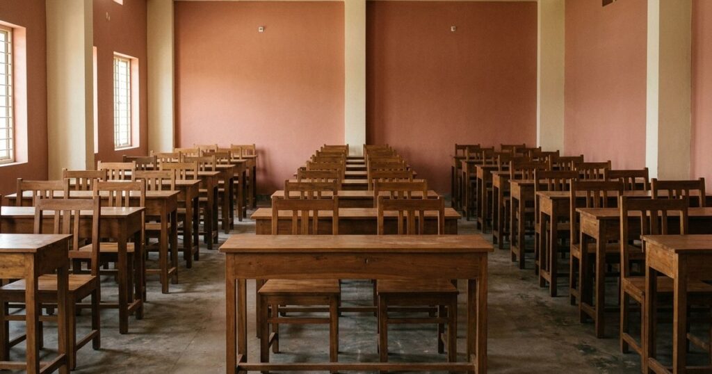 Empty Indian classroom with rows of identical desks highlights standardization in education systems.