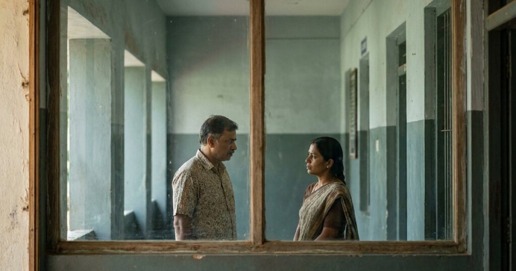 A parent and teacher discuss a child's education system issues through a school hallway window.